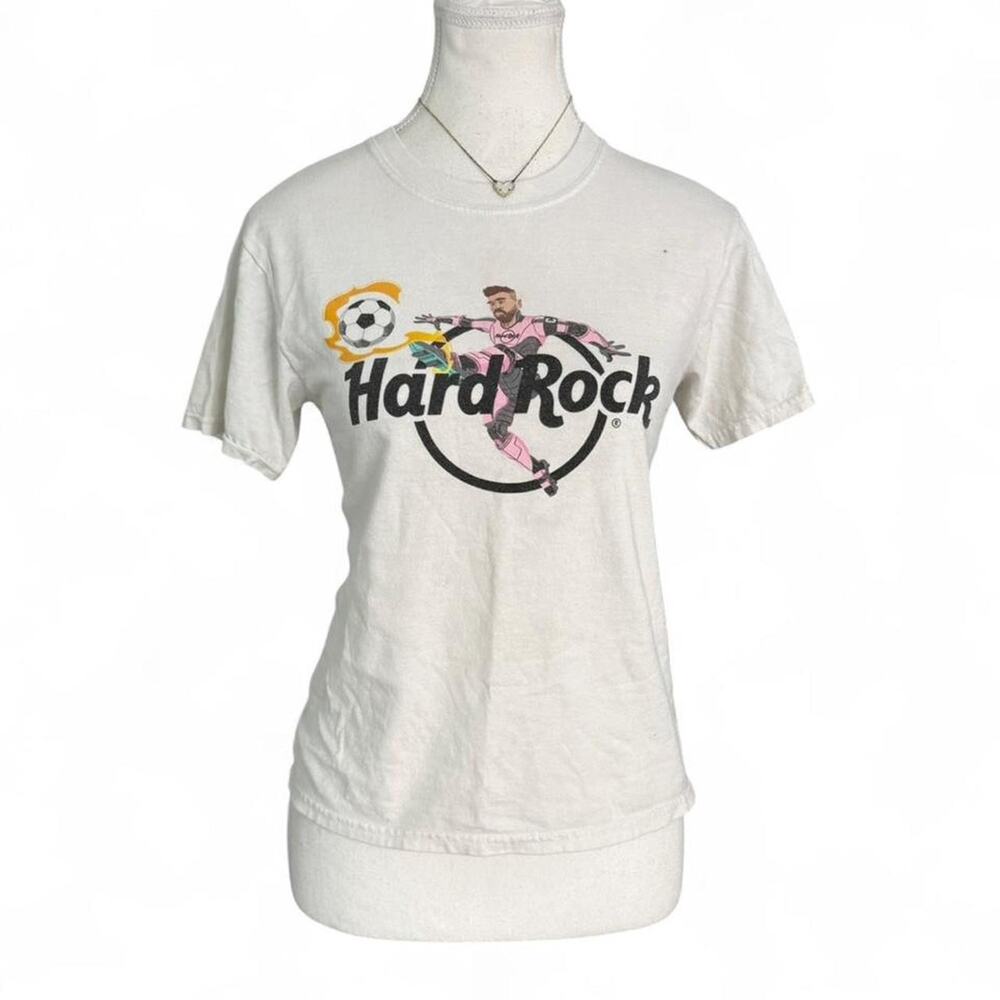 Hard rock Messi football T Shirt tag says size m but more on the smaller side